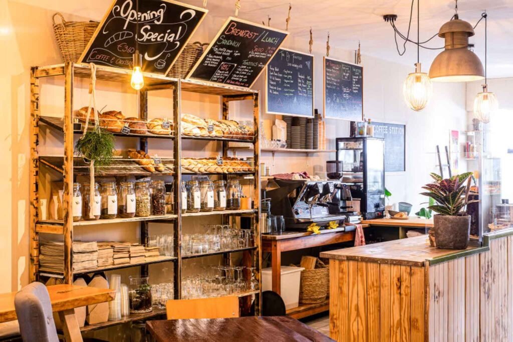 Rise Bakery in Amsterdam showcases a charming coffee shop with wooden shelves and tables, perfect for a relaxing visit. Best Bakeries in Amsterdam.