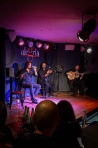 Musicians play passionately on stage at the Flamenco show in Alegría Flamenco y Gastronomía, Málaga, Spain. Best Things to Do in Málaga.