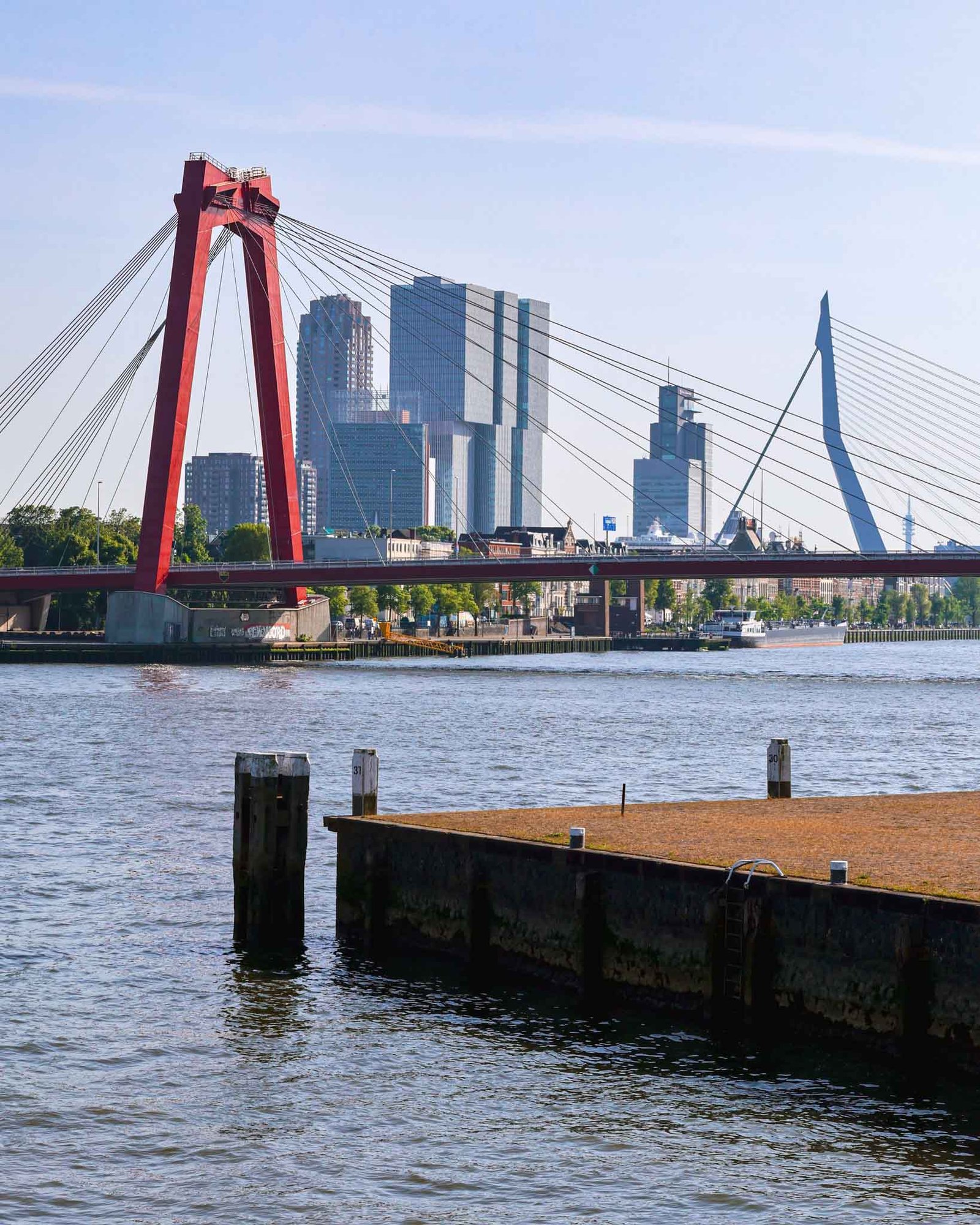 A view of the Willemsbrug and Erasmusbrug over the Maas River, with modern buildings in Rotterdam, The Netherlands. Rotterdam Travel Guide.